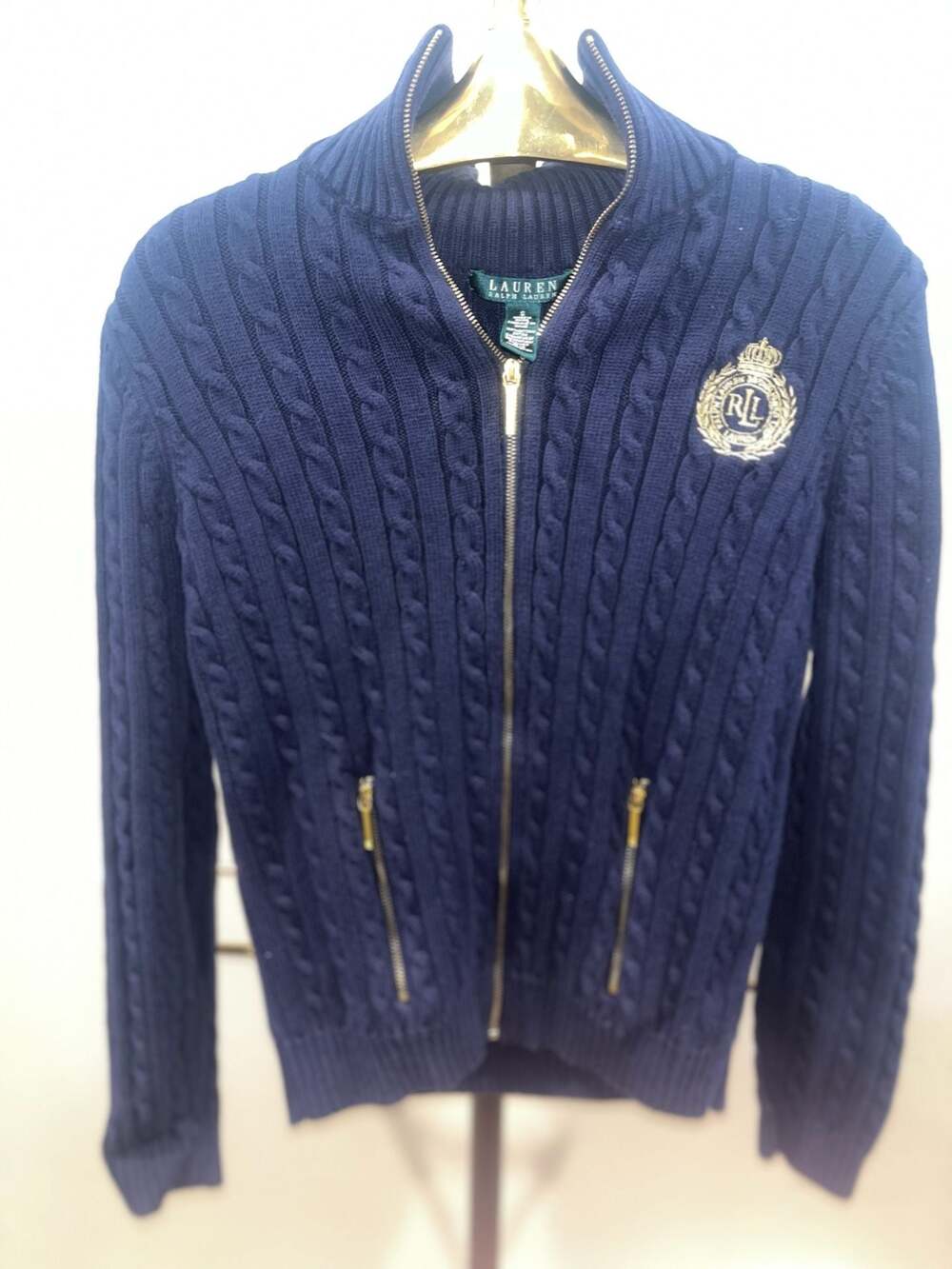 Lauren Ralph Lauren Navy Blue Cable Knit Full Zip Sweater Size S preppy vintage